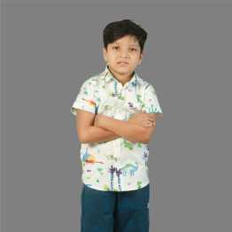 "Dino All Over Print Cotton  Boys' Short Sleeve Shirt White"